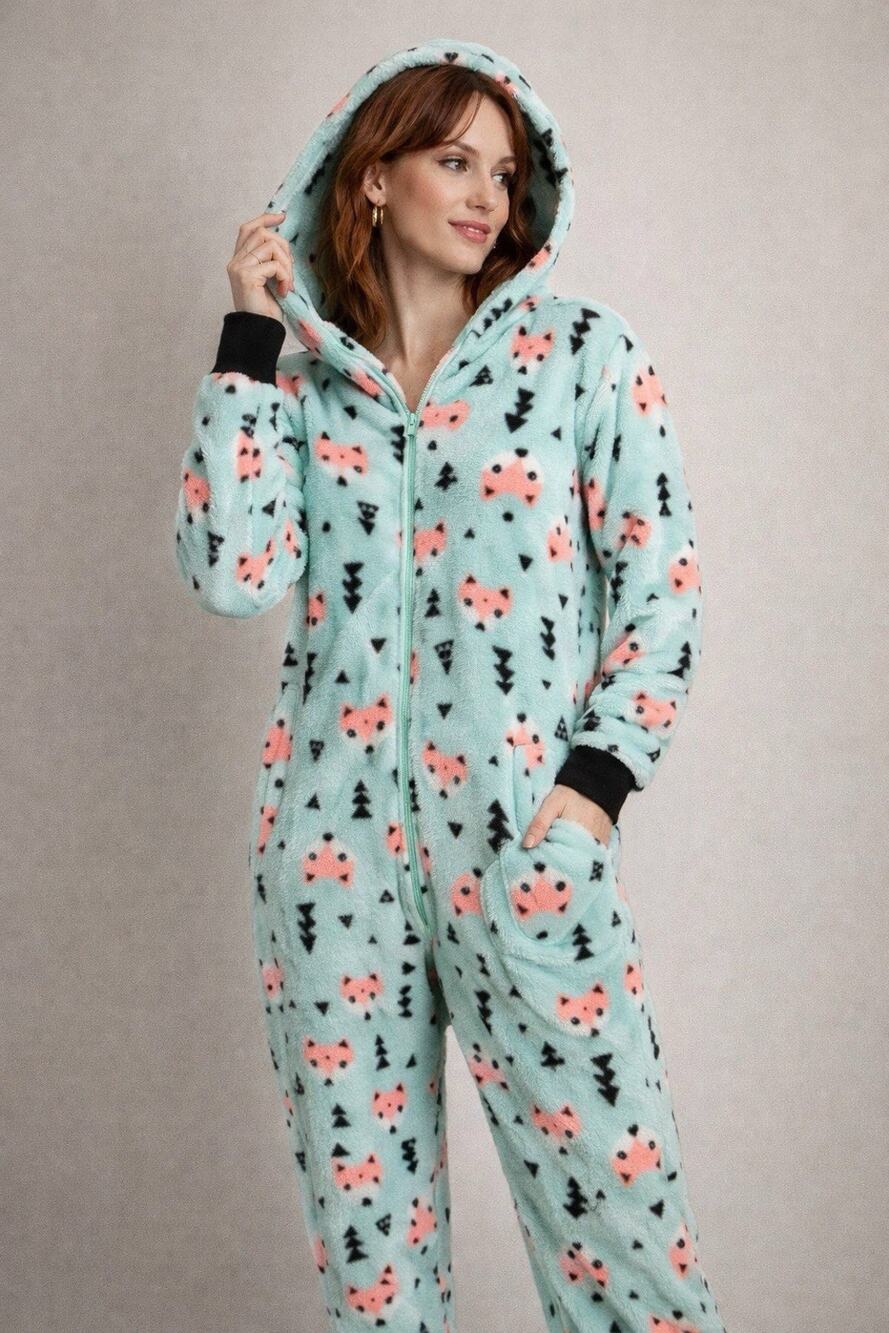 Love at First Sight Fox Hooded Fleece Pajama One Piece L Soft Zip Front